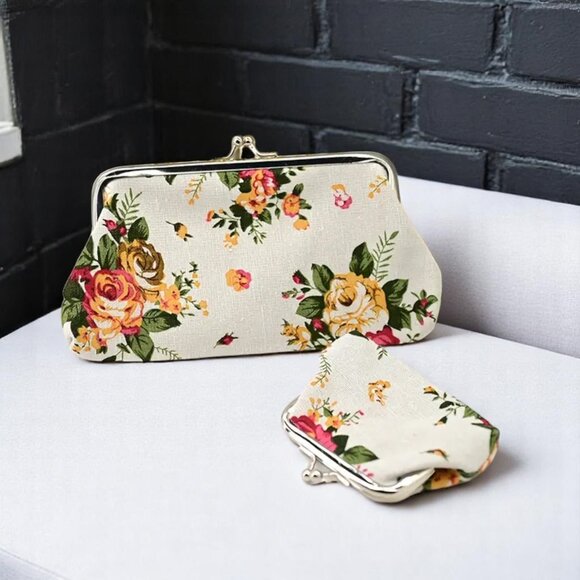 Vintage Floral Rose Coin Purse Set – Elegant 2-Piece Canvas Kiss Lock Clutch Duo - Picture 1 of 6